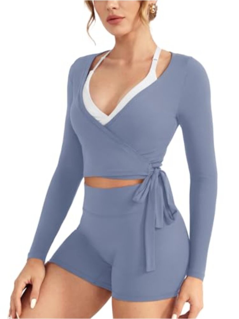 Women's Wrap Top Long Sleeve Ballet Shirt Y2K Workout Gym Adjustable Tie Blouse